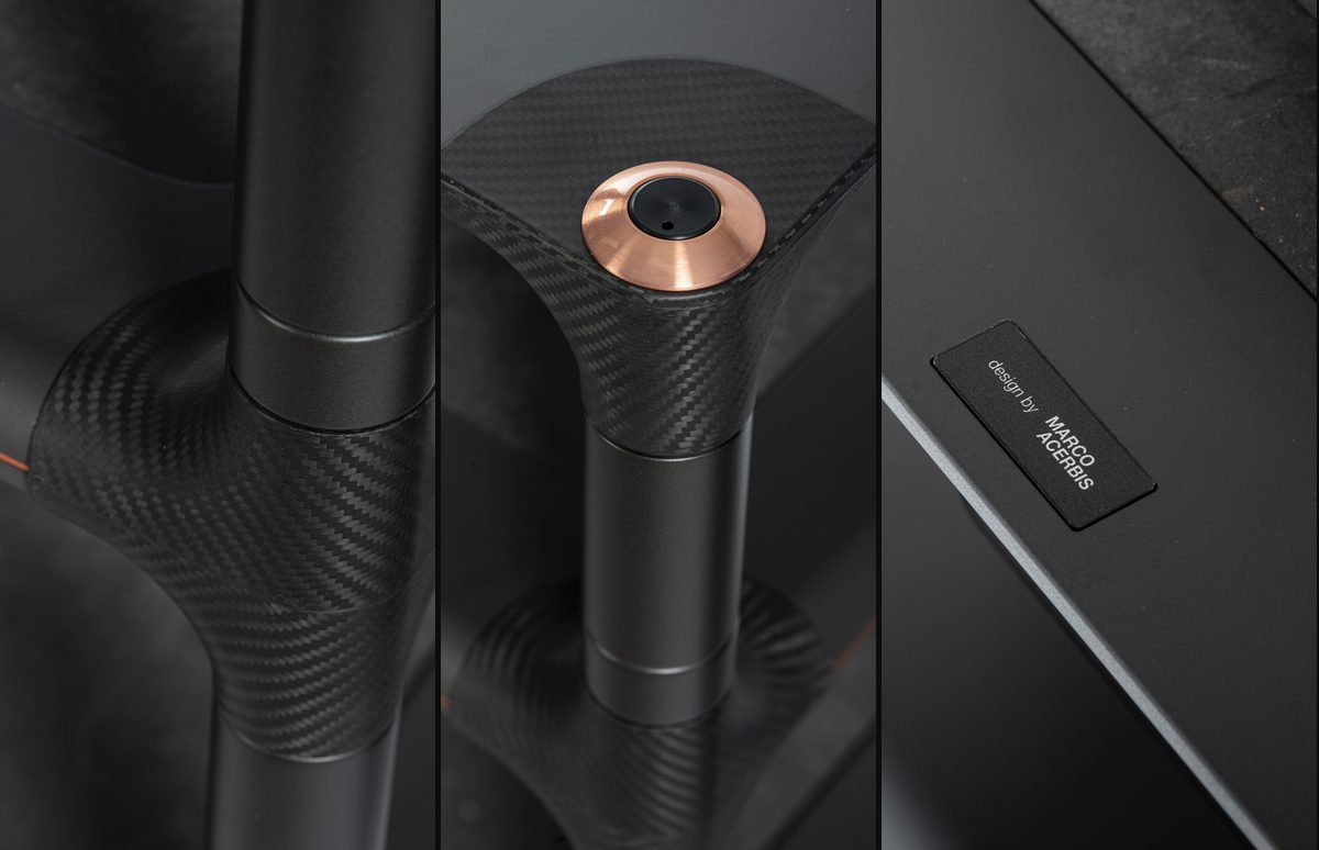 Bassocontinuo Aeroline F2 2.0 — carbon-fibre joint, copper-capped modular leg and the Marco Acerbis design plaque